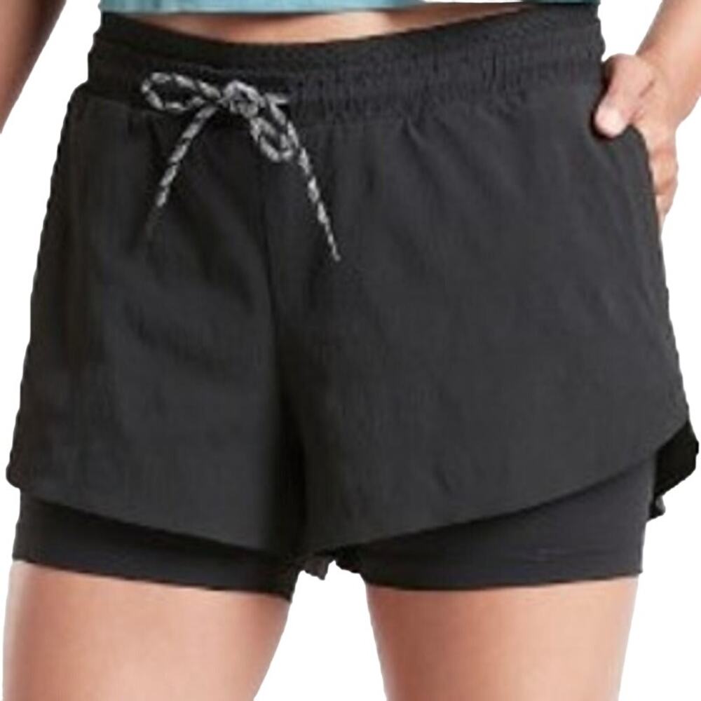 Athleta Trekkie Crest 2 in 1 Shortie Shorts Elastic Waist Drawstring Black 2